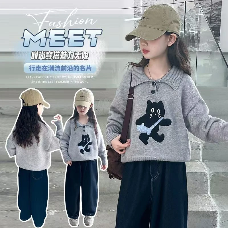 女童毛衣春秋装2025新款中大童卡通polo领上衣韩版绣花针织衫洋气