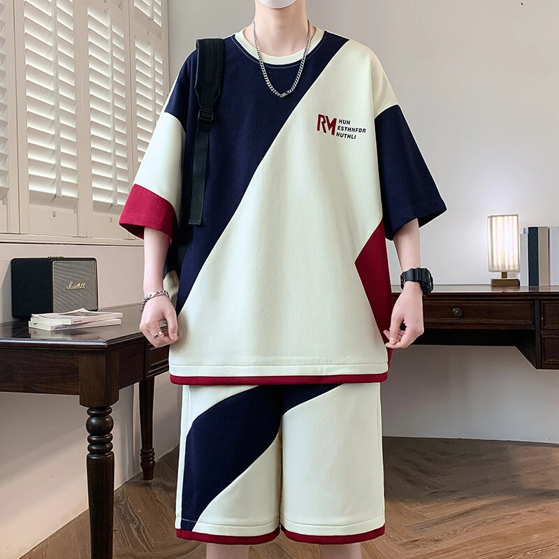 短袖短裤套装男夏季青少年休闲运动服T字母印花半袖t恤男一套搭配