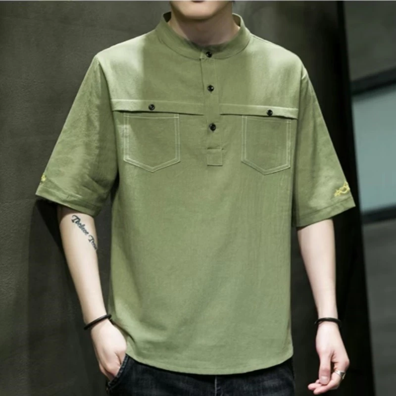 25B3C3夏季棉麻短袖T恤带口袋立领半袖衫中国风青年商务休闲上衣