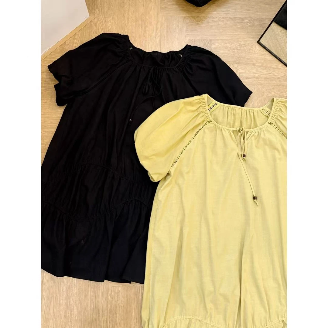 晶咕佳佳【杏花微雨】大领口简约设计款连衣裙遮肉气质方领褶皱设计