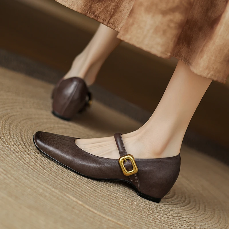3cm复古女鞋方头玛丽珍鞋内增高浅口单鞋不累脚中跟一字扣小皮鞋