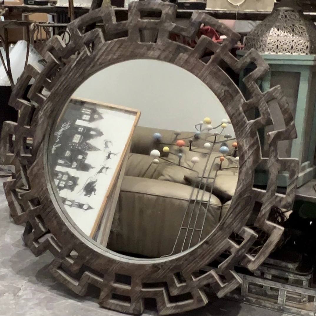 外贸孤品复古老木头边框装饰镜直径80厘米