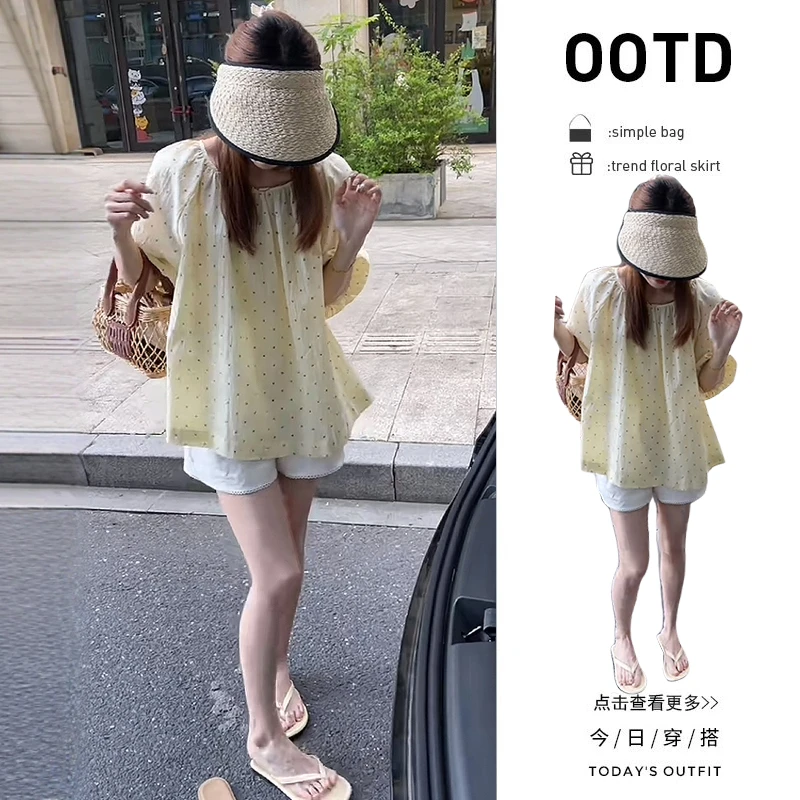 【现货】穿搭一整套2025新款泡泡袖波点衬衫高腰蕾丝短裤两件套女