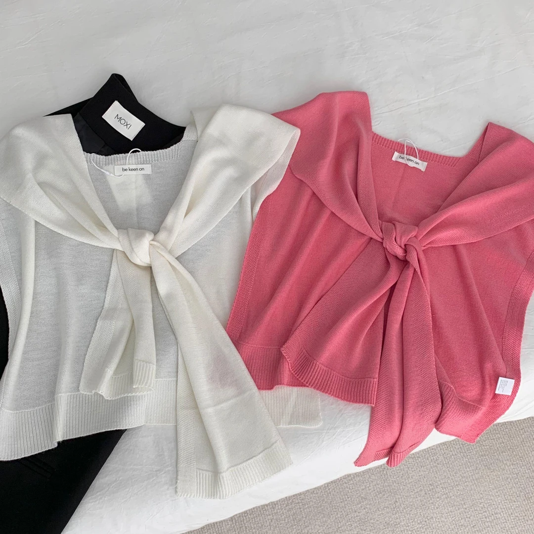 夏季新款轻薄蚕丝羊毛薄款披肩针织白色纯色空调护脖坎肩薄款外搭