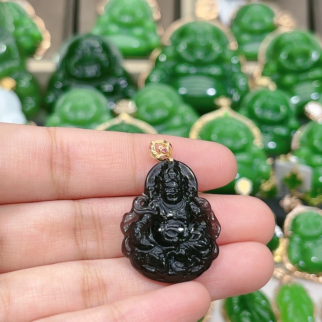 和田玉颈饰18K金镶嵌烟紫黄财神吊坠