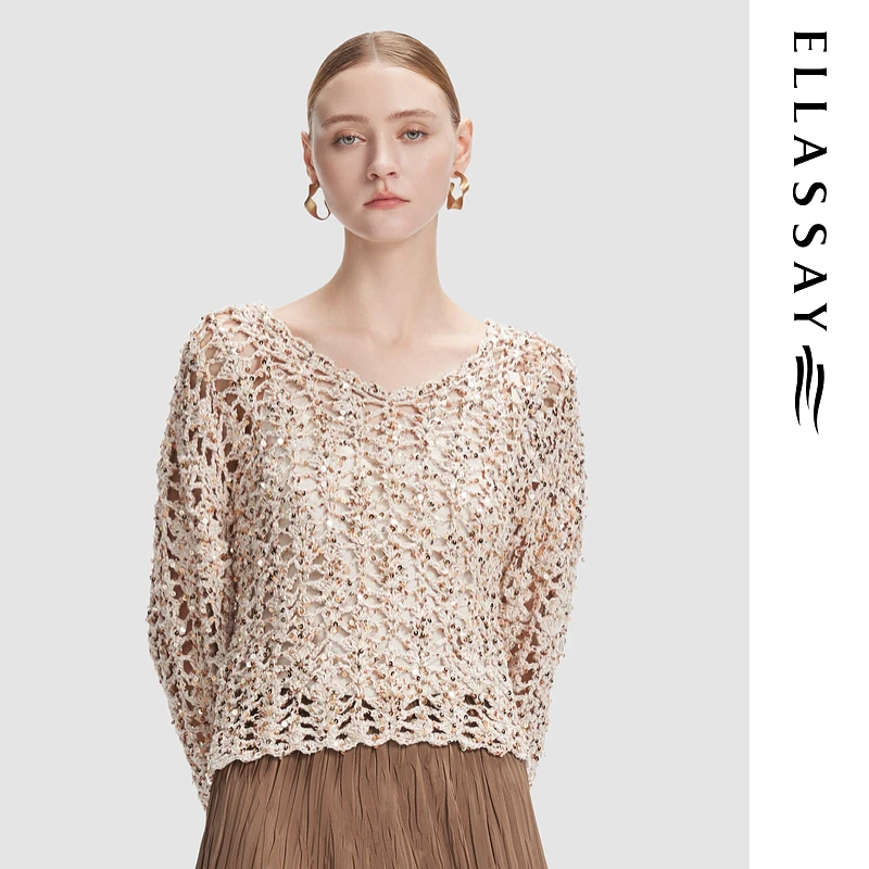 ELLASSAY歌力思新款棉感镂空亮片两件套针织衫女EWF351M08600