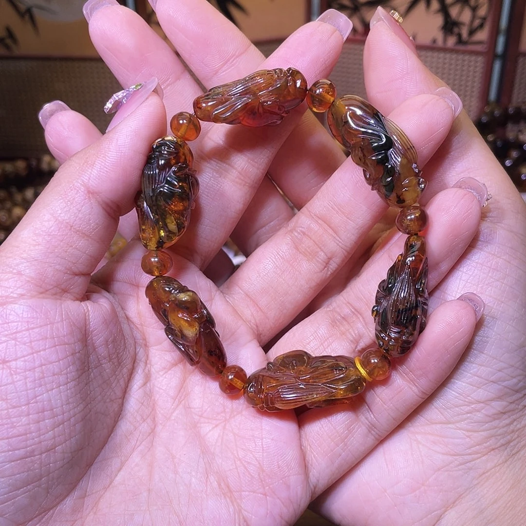琥珀未镶嵌裸石抚顺琥珀寿星雕刻手串