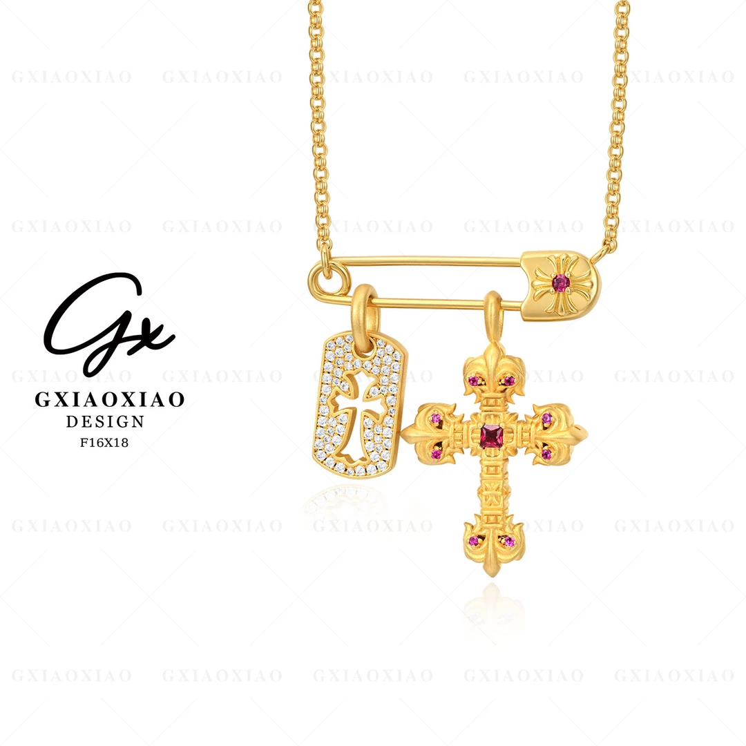 G XIAOXIAO 镀K金 气质复古高级感别针十字架项链 F16X18