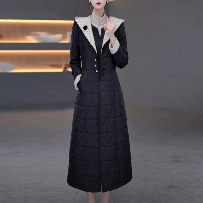 蓄热棉夹棉保暖大衣套装裙2025秋冬季新款黑瘦连帽两件套连衣裙子