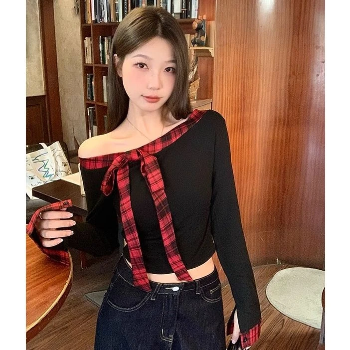 春秋辣妹显瘦性感长袖T恤韩版大码修身格子蝴蝶结ins拼接棉质小衫