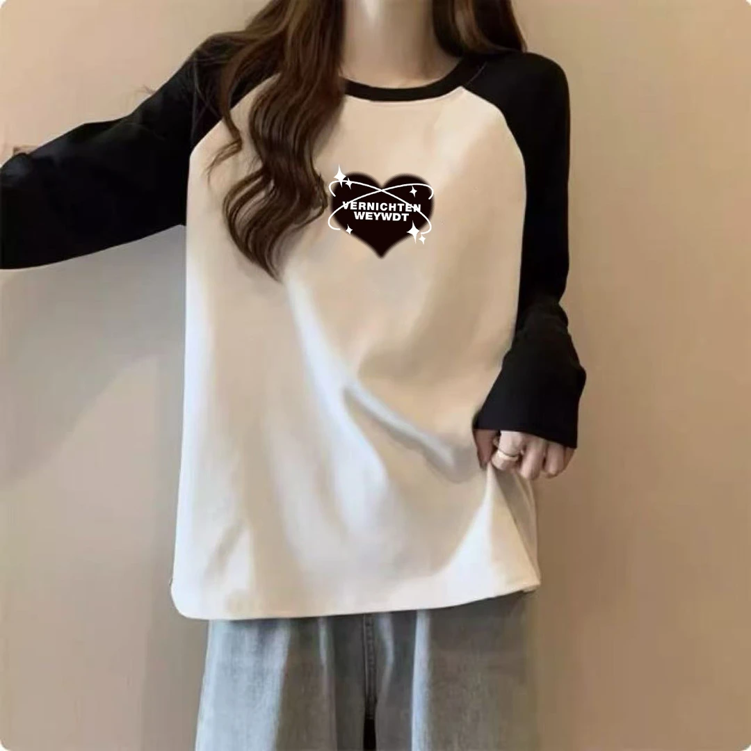 纯棉长袖T恤打底春秋新款宽松拼接圆领秋季显瘦印花撞色上衣