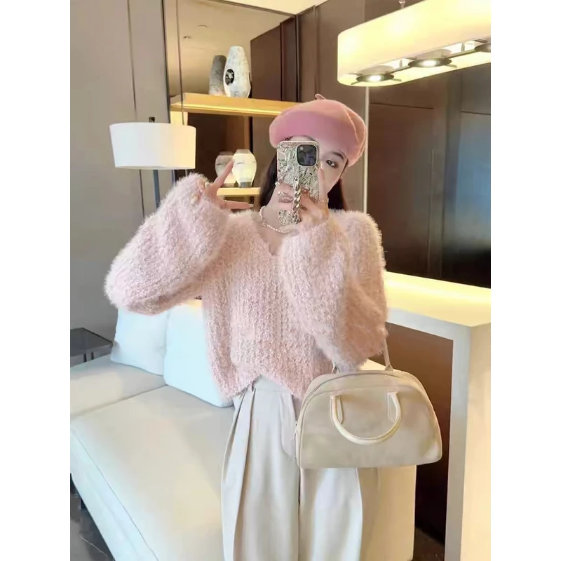 丝带纱仿水貂绒V领加厚套头毛衣秋冬新款甜美针织毛衣