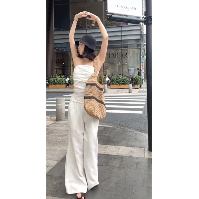 2025夏季新款修身显瘦气质时尚设计感露背抹胸上衣休闲宽松长裤女