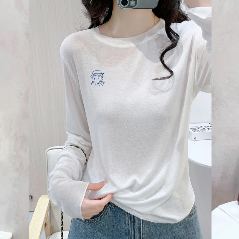欧货莱赛尔白色垂感显瘦长袖T恤女春秋冬正肩内搭打底上衣外穿ins