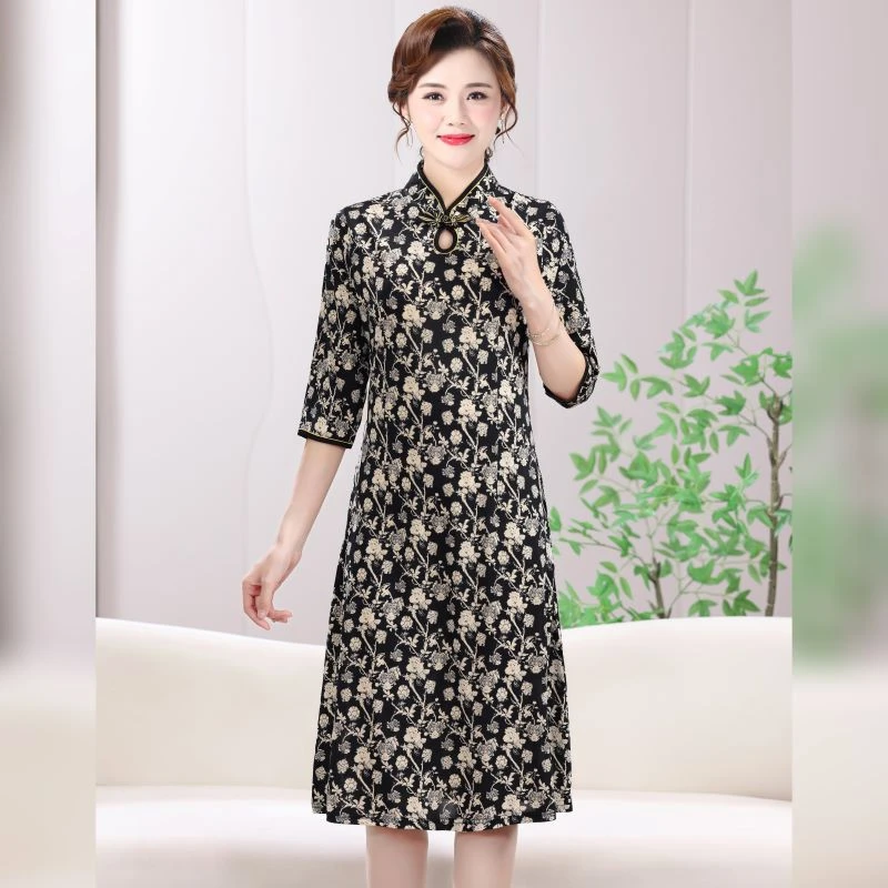 中老年中式夏季中袖改良旗袍连衣裙国风妈妈款复古新款立领裙子