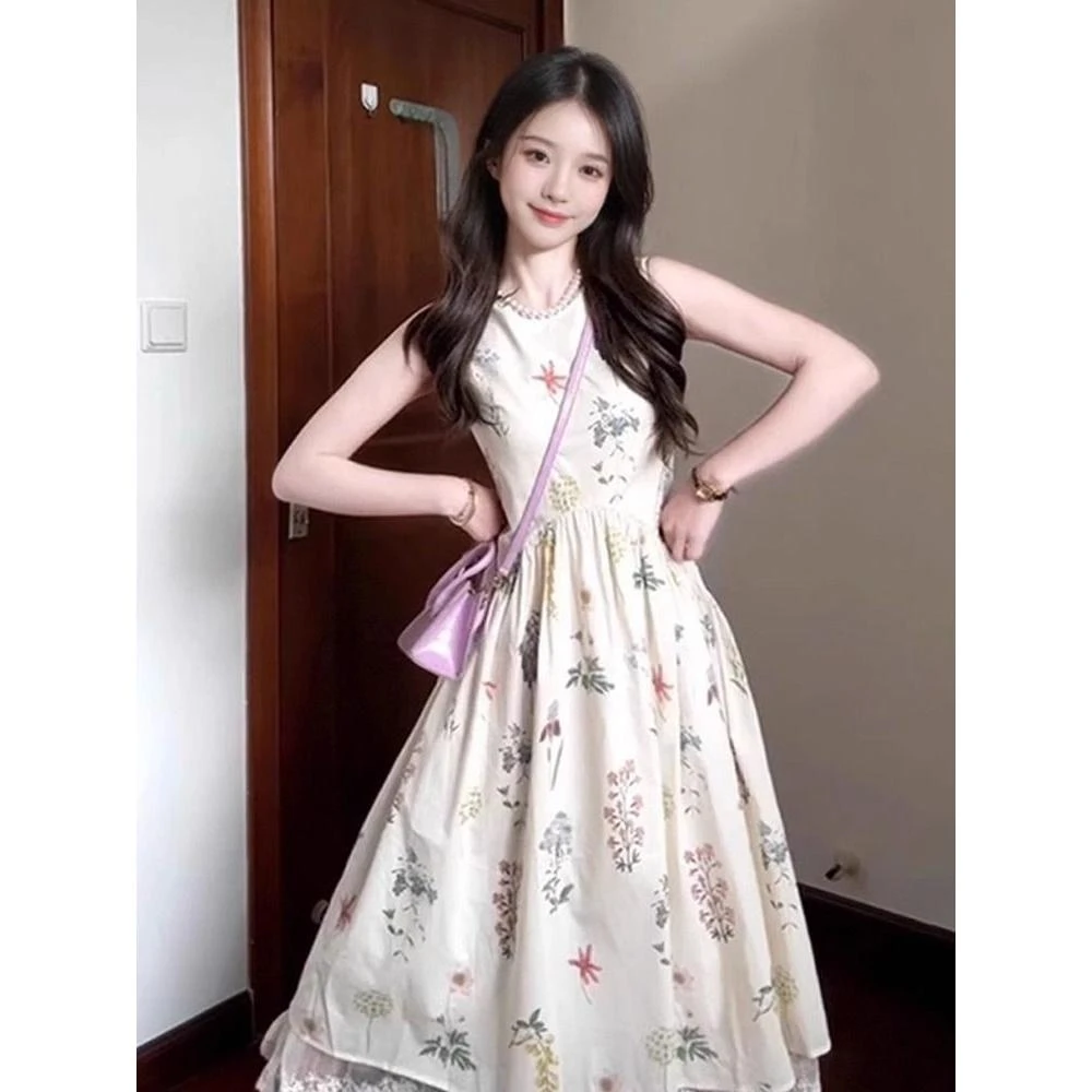 高级感法式无袖背心碎花连衣裙子女夏季新款海边度假气质长裙