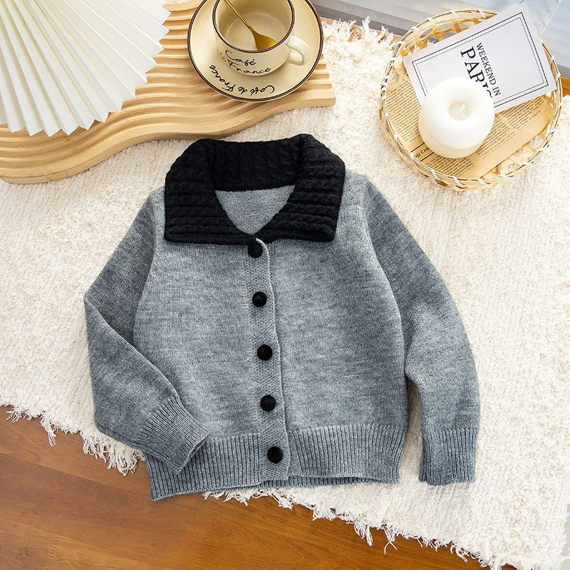 2025新款宝宝洋气翻领上衣女童韩版学院针织开衫毛衣春秋季