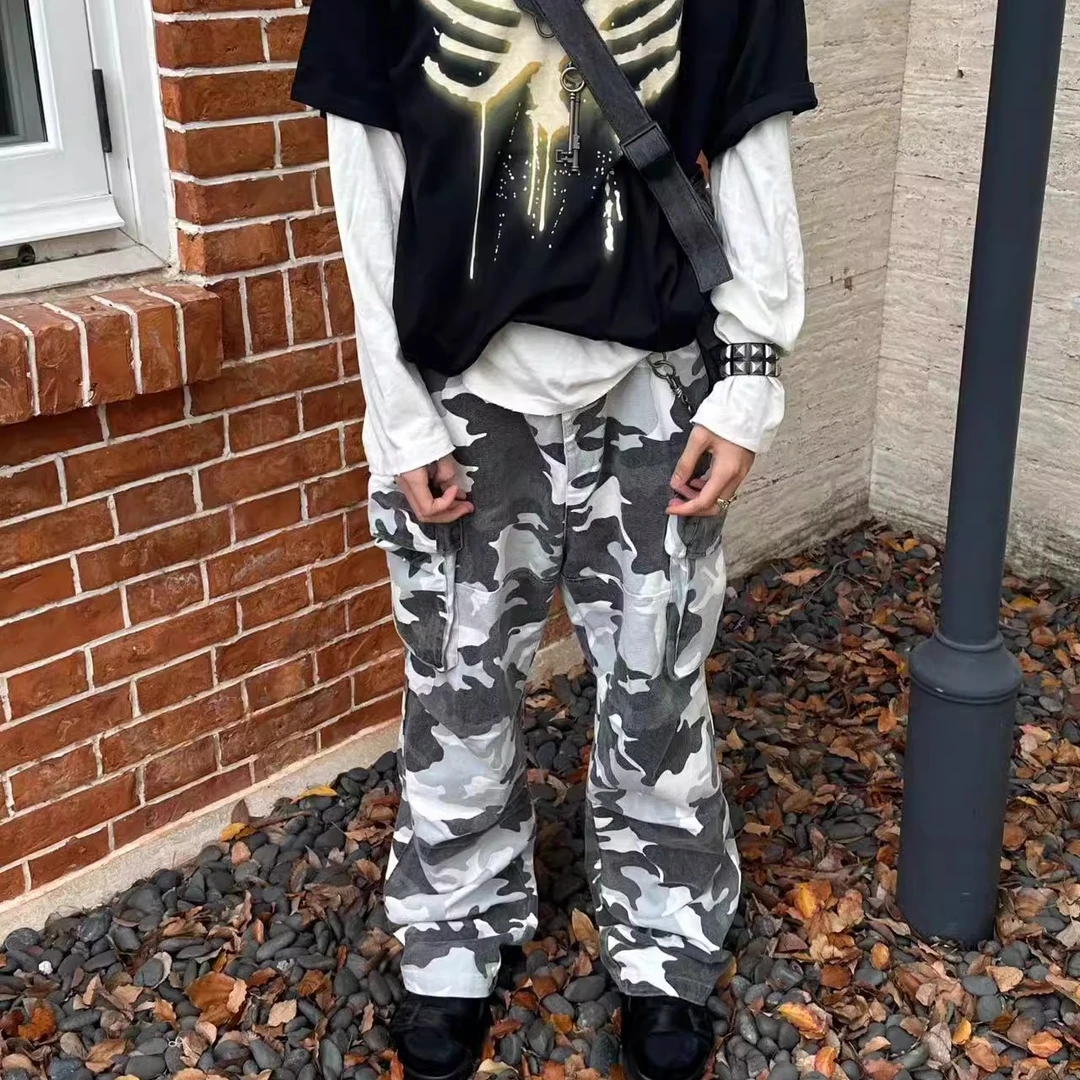 重工水洗做旧雪地迷彩多口袋直筒宽松拖地工装裤潮流休闲长裤