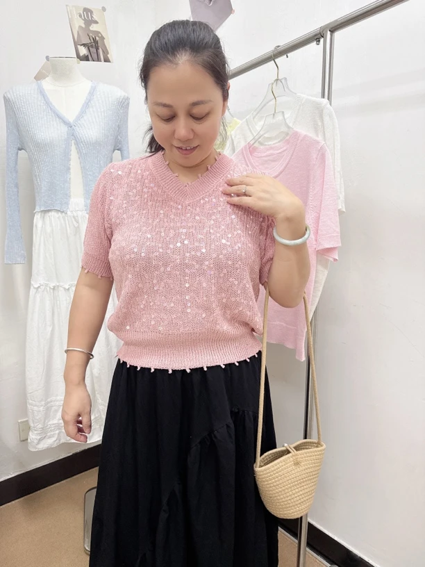 夏季短款薄款V领女短袖毛针织衫气质蕾丝百搭套头