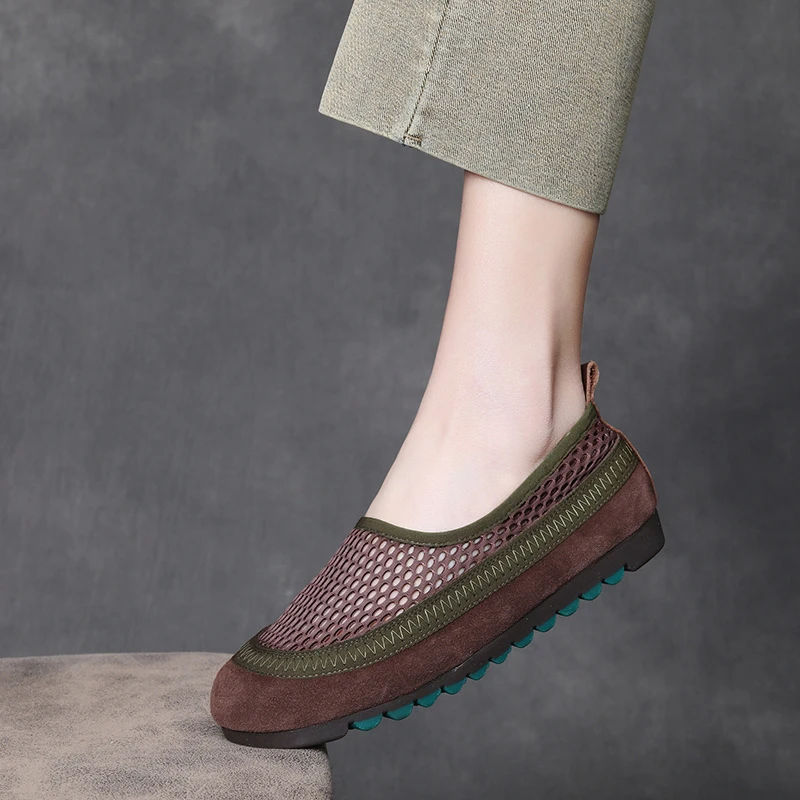 头层牛皮复古透气网面豆豆鞋2025春夏新款一脚蹬舒适平底休闲单鞋