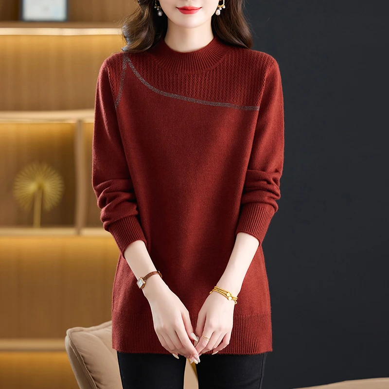 中老年女装红色毛衣女秋冬2025新款妈妈装半高领针织打底衫内搭厚