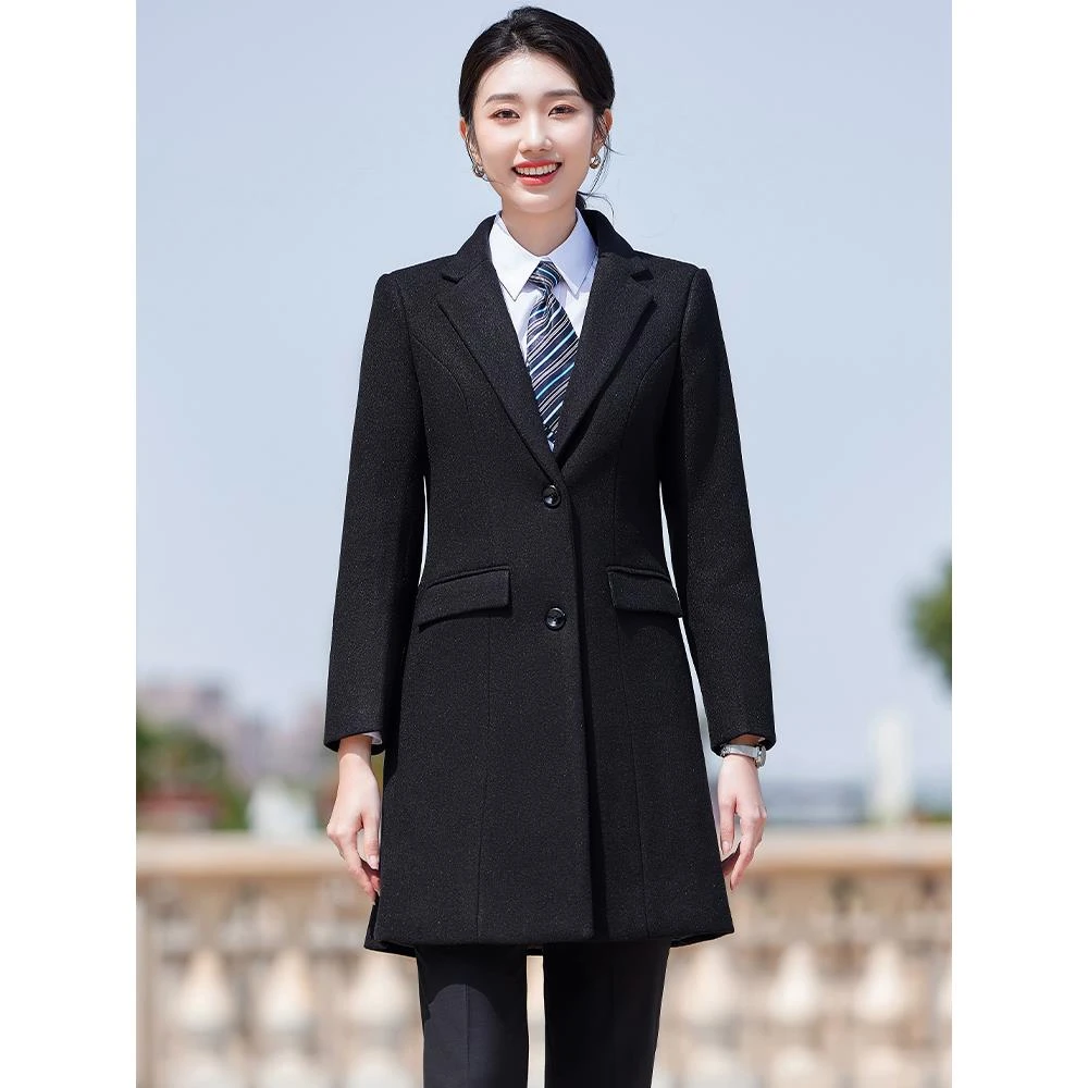 黑色毛呢大衣女外套秋冬高级感秋冬2026新款职业装银行酒店工作服
