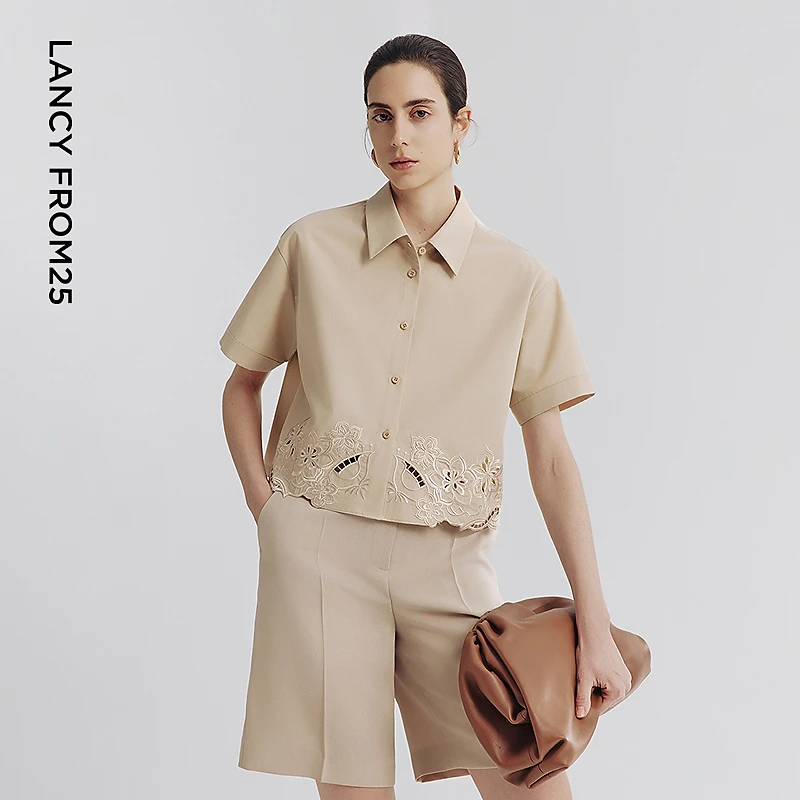 朗姿气质高级感刺绣衬衣法式上衣2025年夏季新款设计感通勤衬衫女