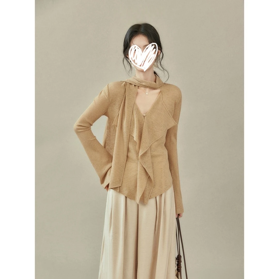 设计感飘带V领针织衫女2025春季新款简约百搭慵懒感上衣气质显瘦