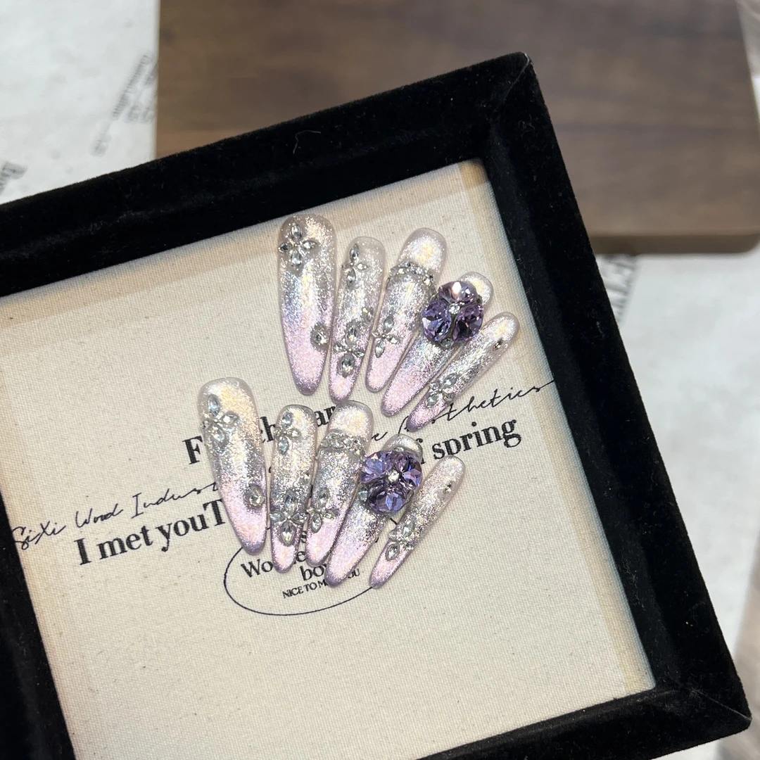 春夏紫色魅影爆闪锆石法式美甲手工穿戴甲片今日美甲