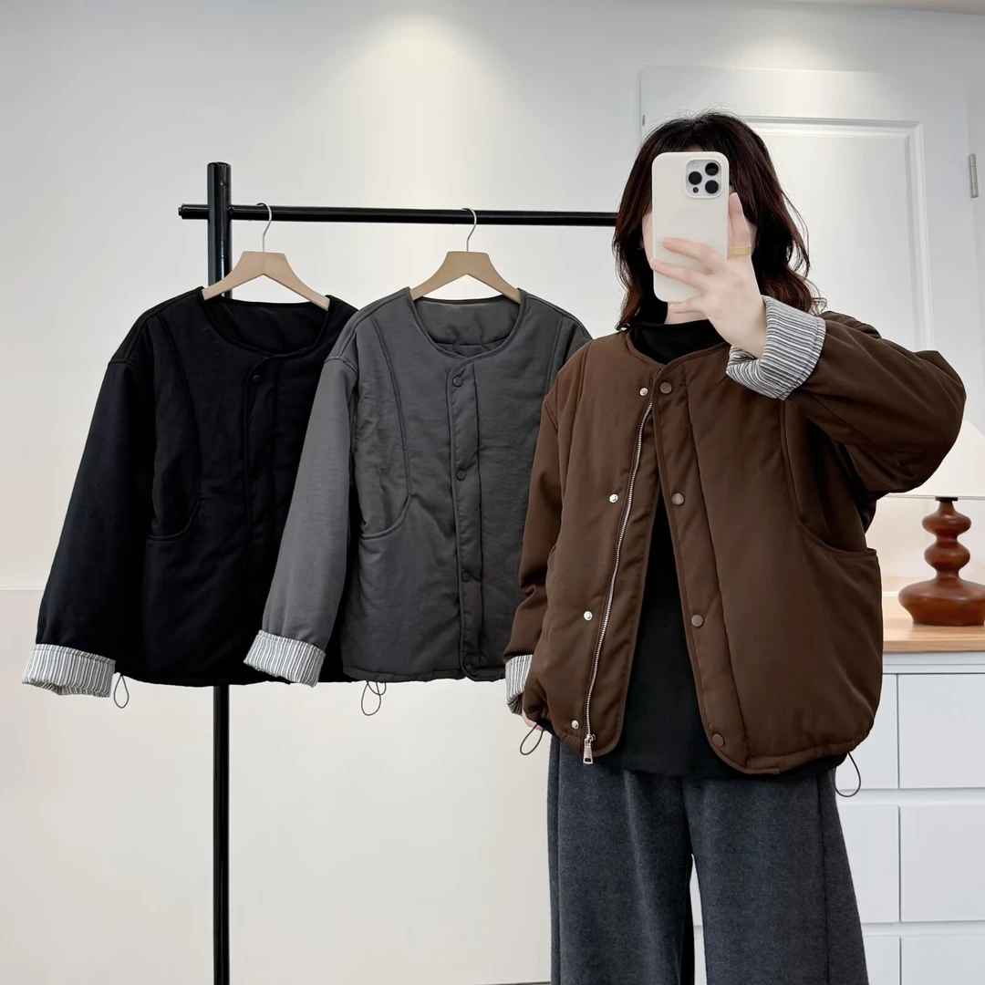 大码女装圆领格子纯色厚款常规款棉服棉衣加厚时尚保暖外套上衣