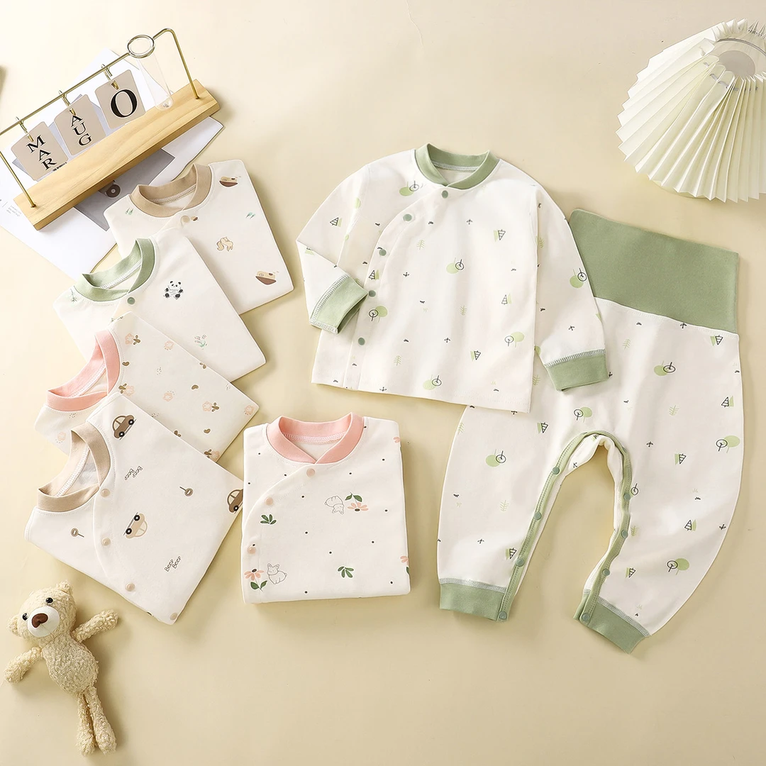 新生儿宝宝分体套装纯棉无骨长袖秋衣秋裤免脱高腰护肚裤春秋打底