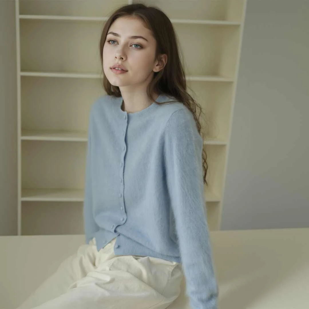 2025秋羊毛羊绒拉绒V领百搭开衫女打底韩版女装针织上衣