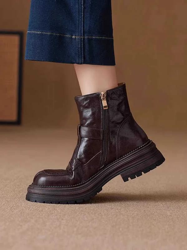 软羊皮厚底马丁靴英伦风女2025年新款秋冬真皮短靴加绒舒适鞋子