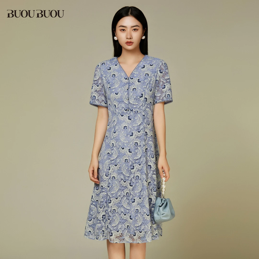 BuouBuou蕾丝拼接收腰高腰气质OL风连衣裙女BJ2G007