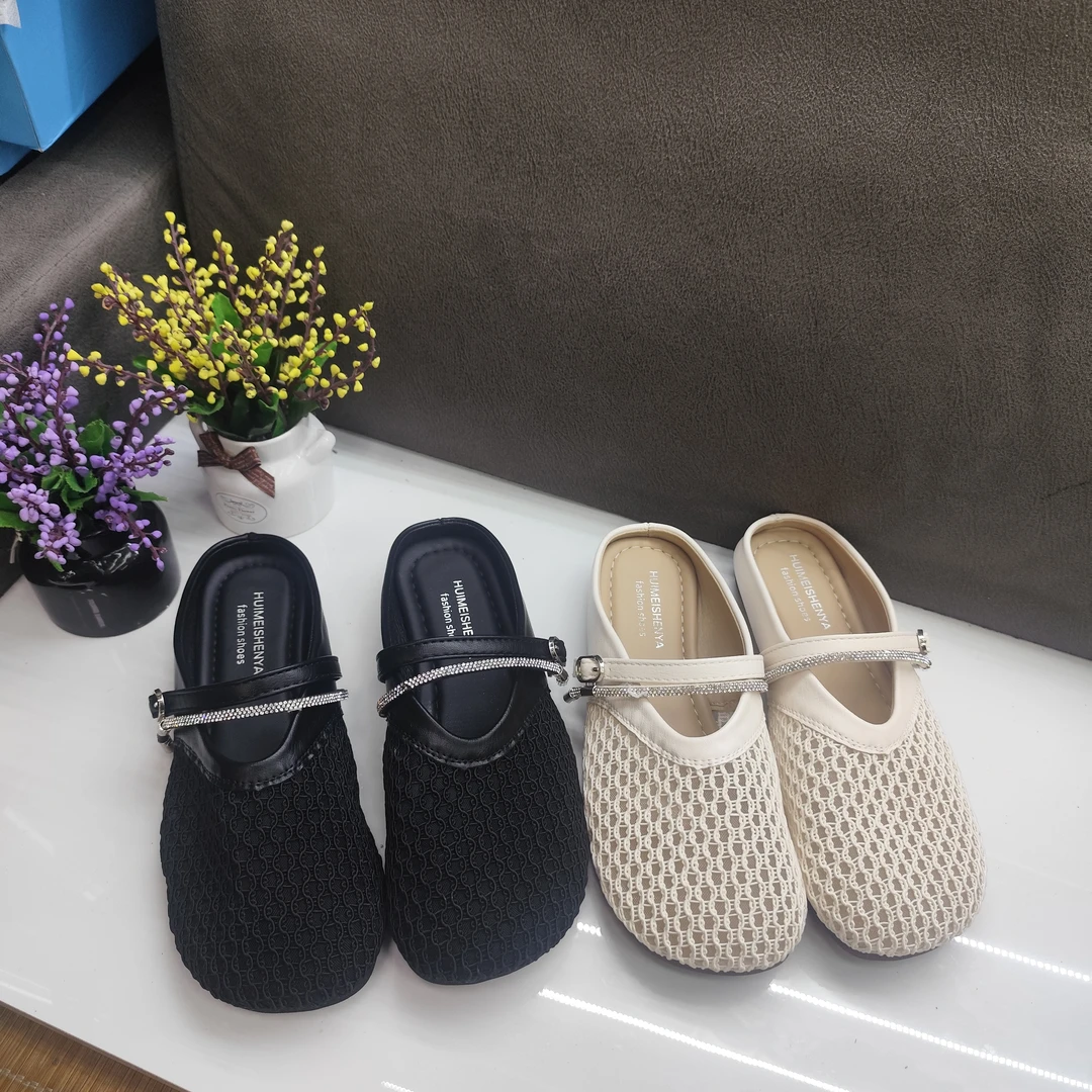 夏季新款包头平跟水钻镂空网面拖浅口平底包头拖复古凉鞋机能潮鞋