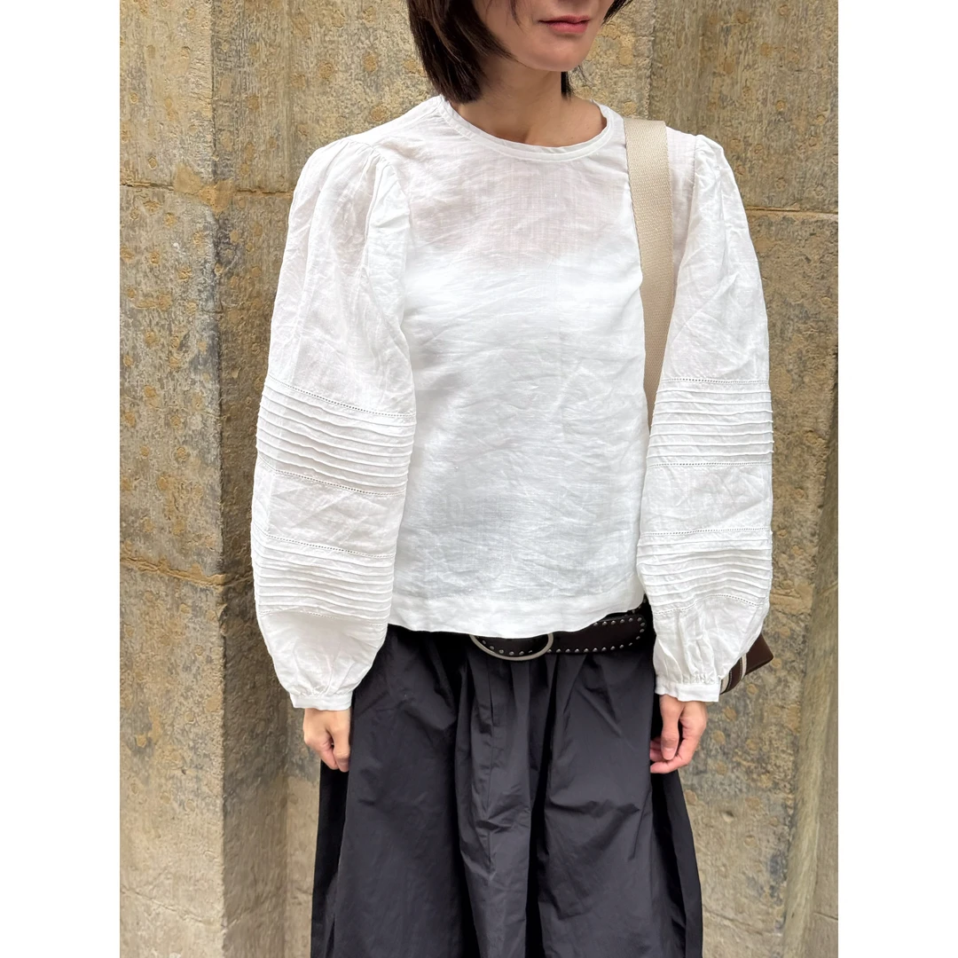25夏全苎麻 褶皱灯笼袖 白色衬衫透气