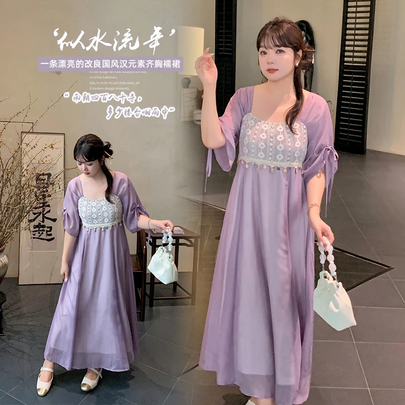 民族风改良齐胸汉服襦裙夏季新款大码mm紫色遮肉连衣裙271526