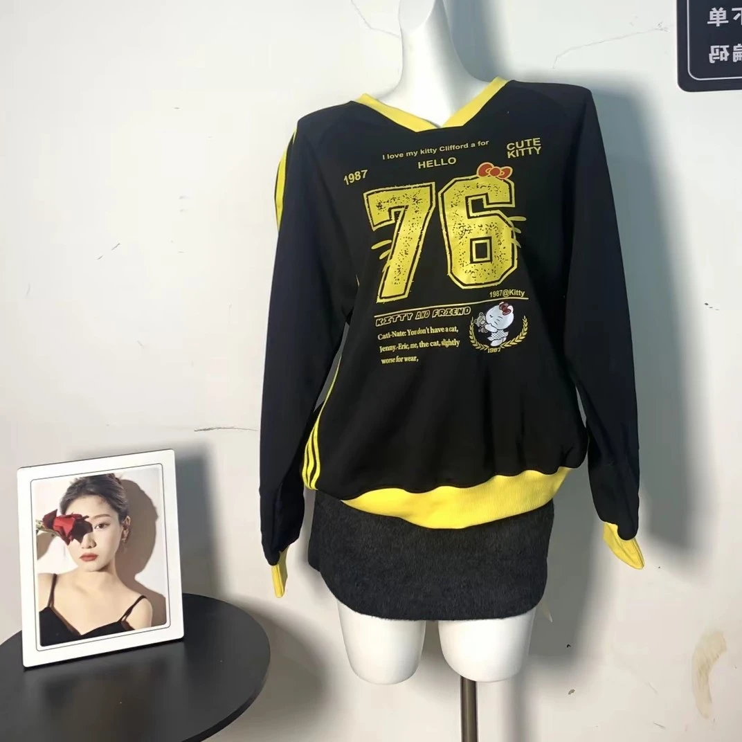 美式宽松V领长袖卫衣女春秋季拼接设计感潮流印花慵懒风卫衣