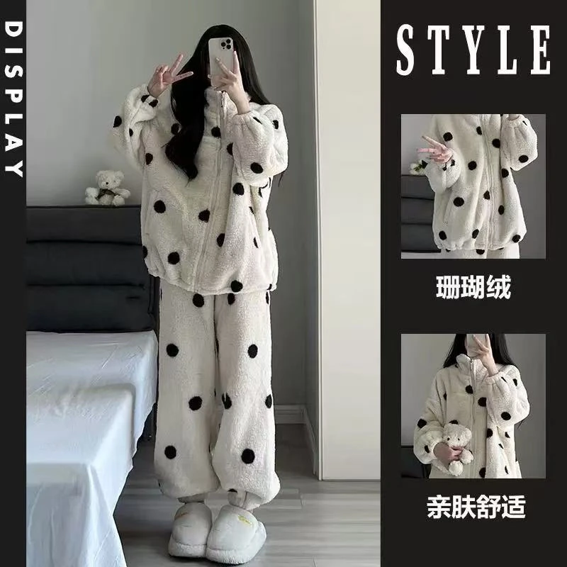 2025黑白点睡衣冬季加绒加厚女生舒棉绒甜美休闲时尚家居服套装