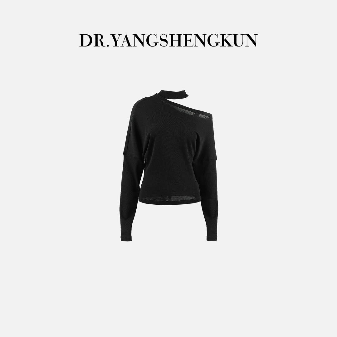 杨圣坤2025冬季新品100%绵羊毛斜领挂脖宽松长袖T恤S82510326