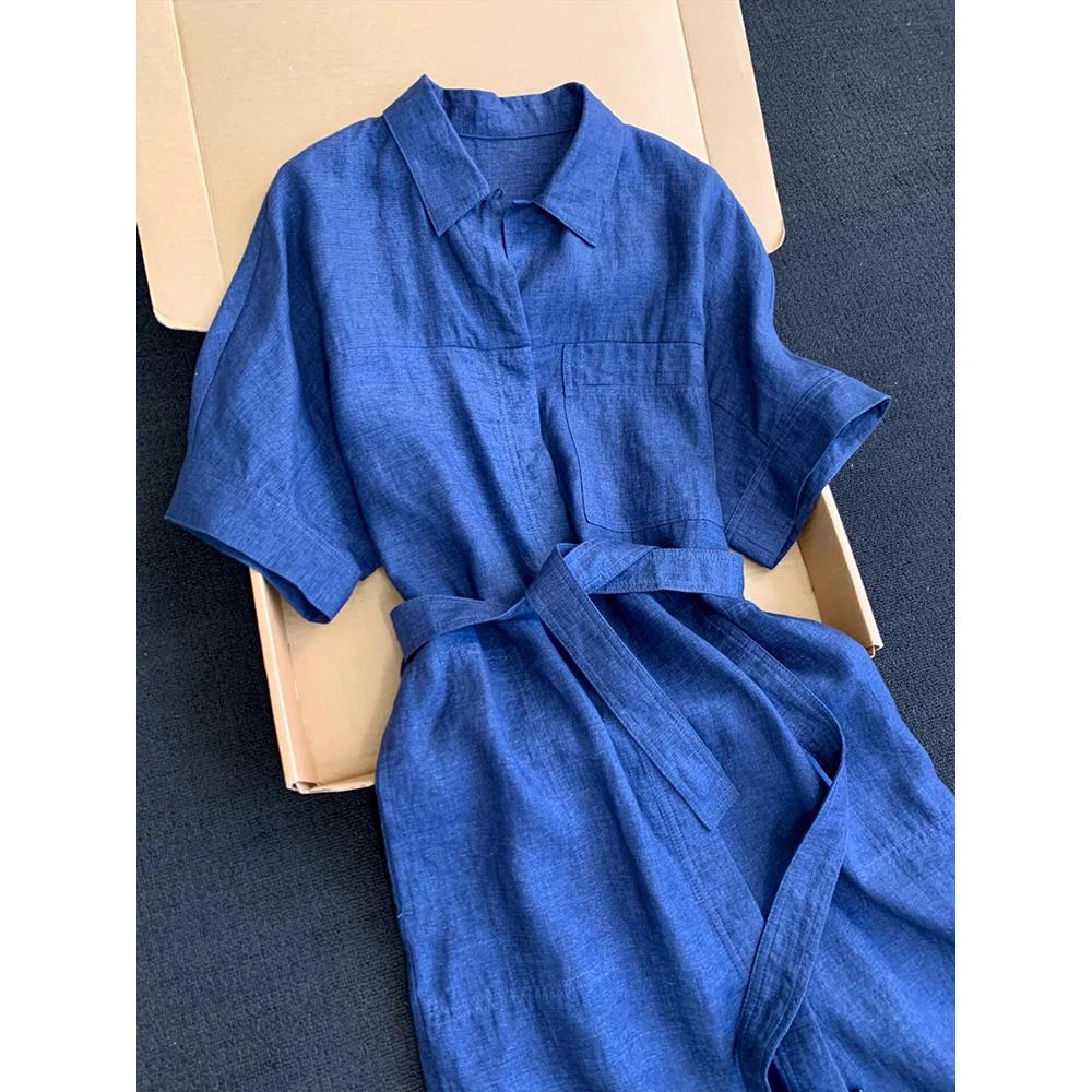今年流行爆款简单大方长裙独特漂亮亚麻蓝色衬衫连衣裙气质女夏季