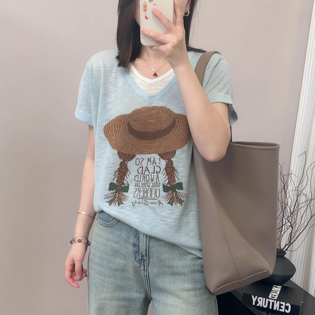 草帽麻花辫字母提花假两件短袖上衣夏季新款宽松韩版飞飞袖T恤女