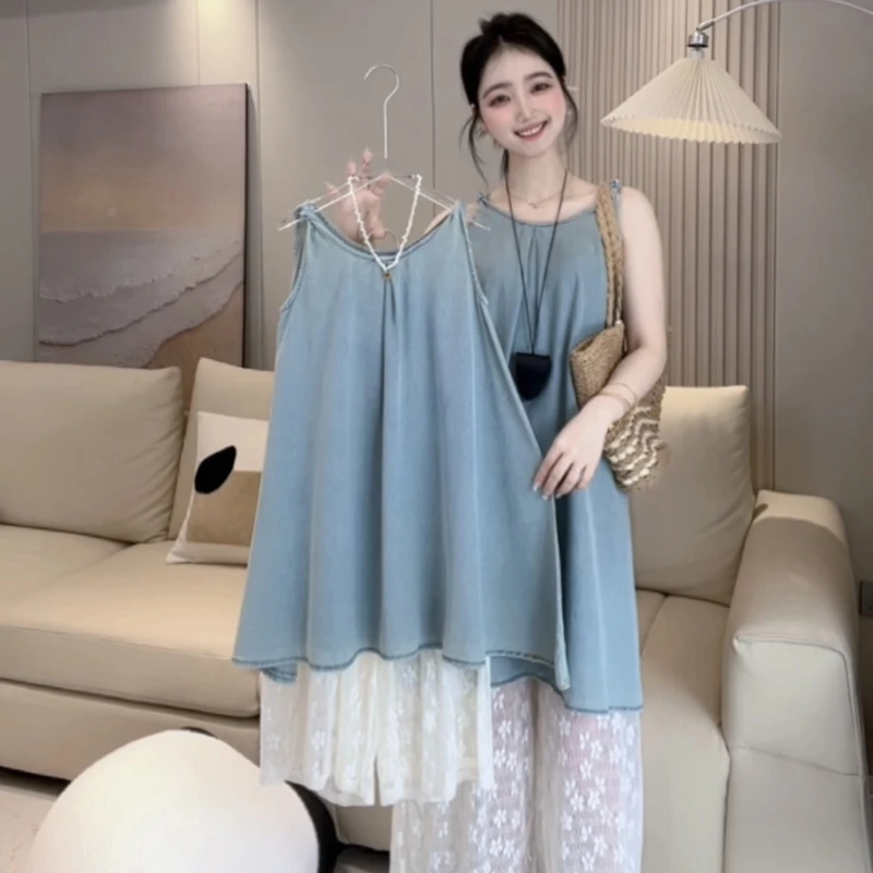 外穿休闲风女洋气薄款中长款宽松背心裙女童夏季套装少女风时尚