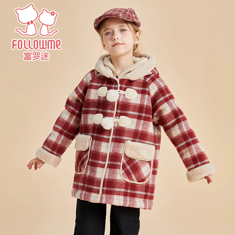 富罗迷童装儿童呢大衣加绒加厚女童格纹厚款连帽大衣外套F5D2355F