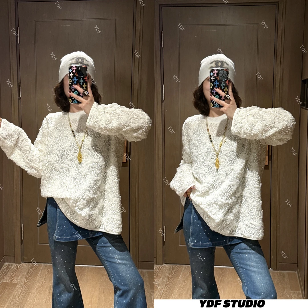 YDFSTUDIO小众【白色月光】欧货高品重工亮片拼接设计时尚百搭上衣