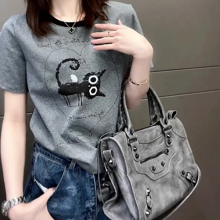 2025年春季大码猫咪印花正肩短袖t恤女新款设计感上衣休闲