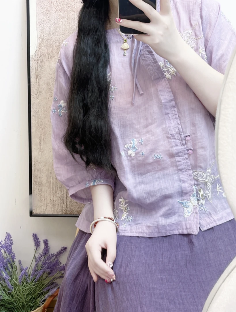【织梦】清凉刺绣蝴蝶苎麻防晒小衫新中式百搭文艺透气