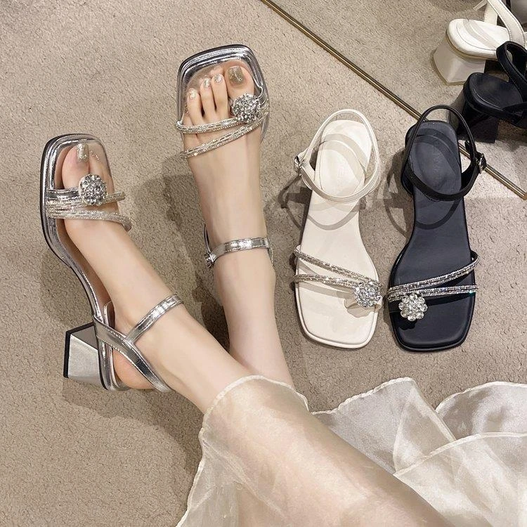 2025新款夏季粗跟凉鞋女士水钻外穿百搭中跟仙女风一字带中跟凉鞋