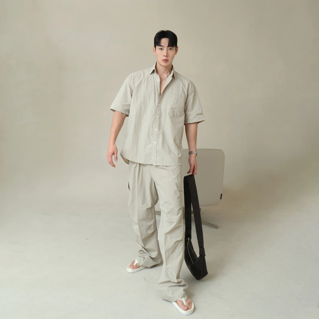 夏季新款男士休闲套装港风潮流防晒外套轻薄宽松短袖衬衣两件套