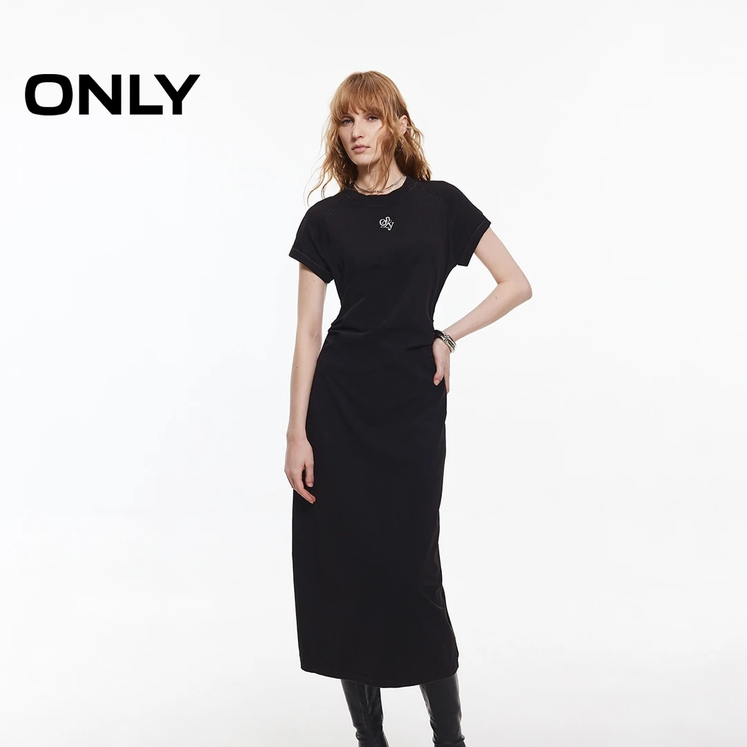 ONLY25春夏新款气质通勤风圆领插肩短袖长款连衣裙女|125161008